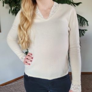 Prive Women's Cashmere Lace Collar Sweater Top Ivory/Cream Size Large